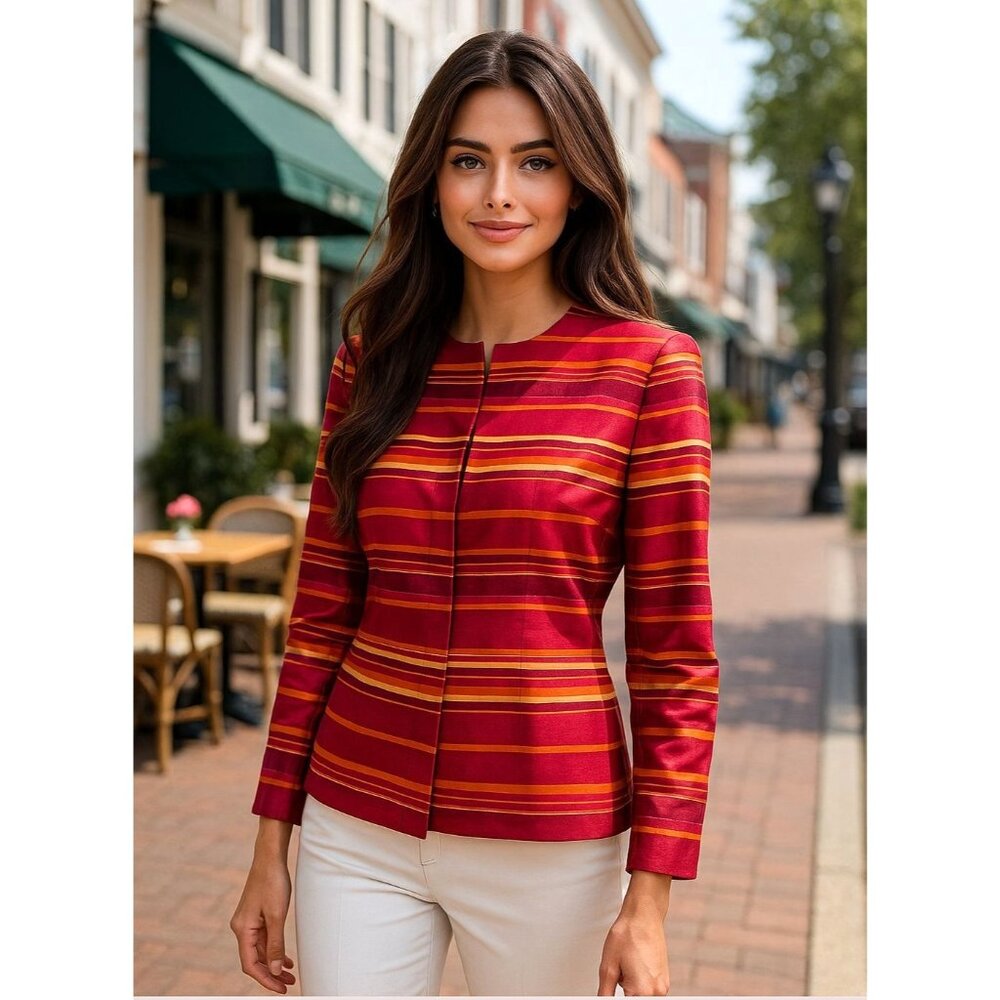 Kasper 16P Raspberry Silk Stripe Jacket Hamptons Chic Coastal Rich City Ready